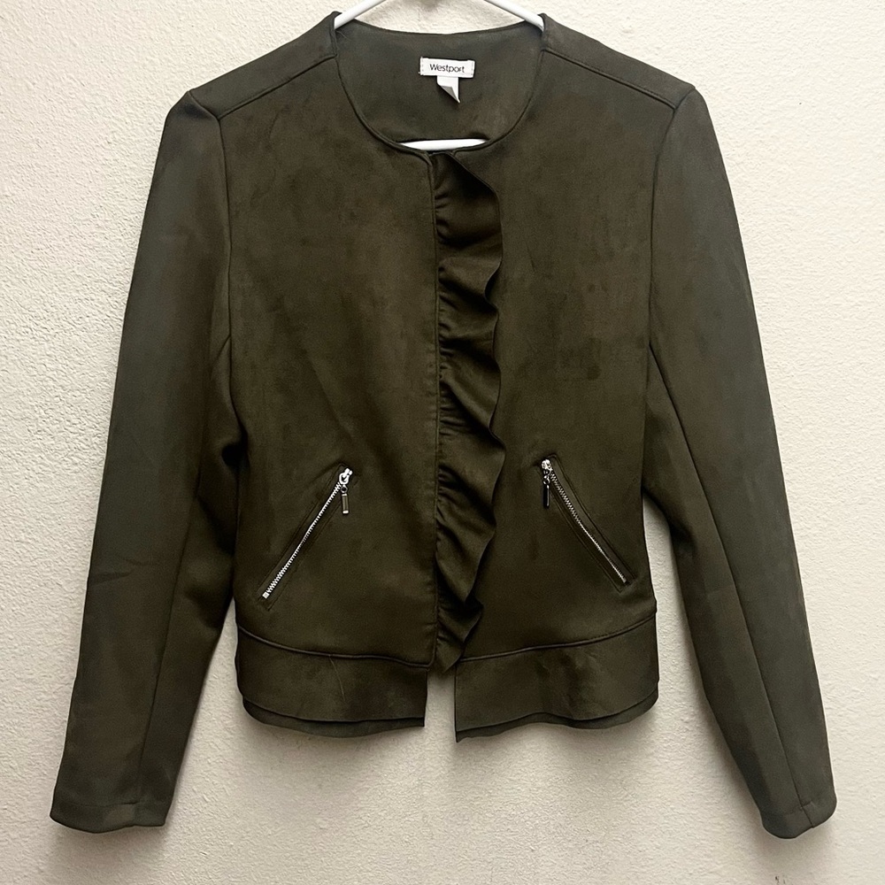 WestPort Women’s Olive Green Ruffle Front Suede Jacket Size XS EUC